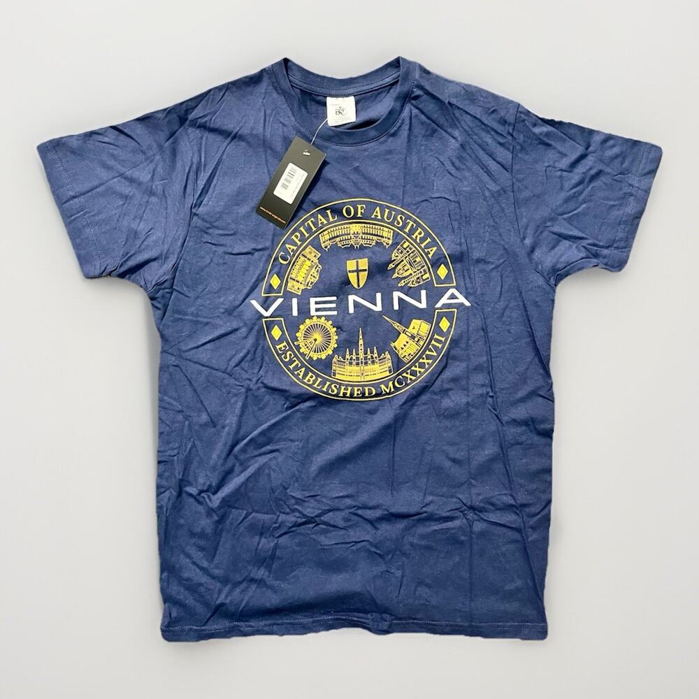 B&C Collection Men’s Small Navy Blue Vienna Graphic T-Shirt NWT Capital Austria